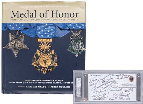 Lot of (2) Medal of Honor Autographed Encapsulated First Day Cover and Book (PSA/DNA)